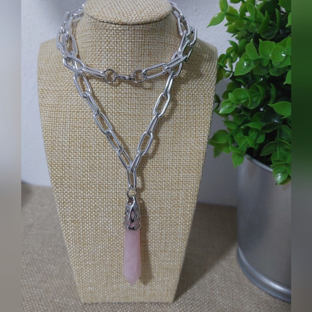 Rose Quartz Pendant Necklace Handcrated Aluminum Chain